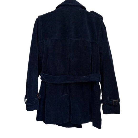 LL Bean Women's L Petite Corduroy Jacket Belted Double Breasted Navy Blue Cotton - Picture 2 of 9